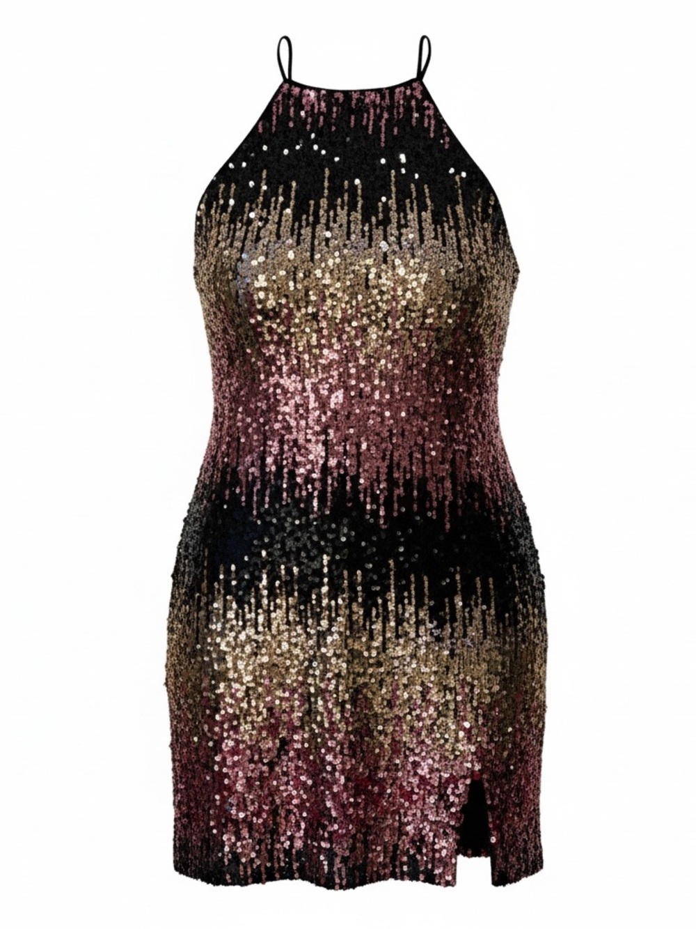 Venus Sequin Ombre Halter Mini Dress Black Gold Size L